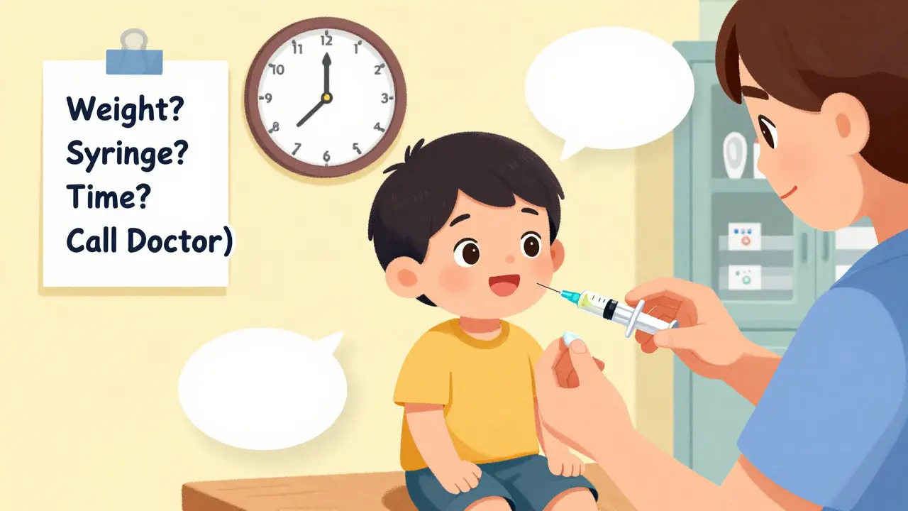 Parent giving child medicine with syringe while clock and safety checklist are visible