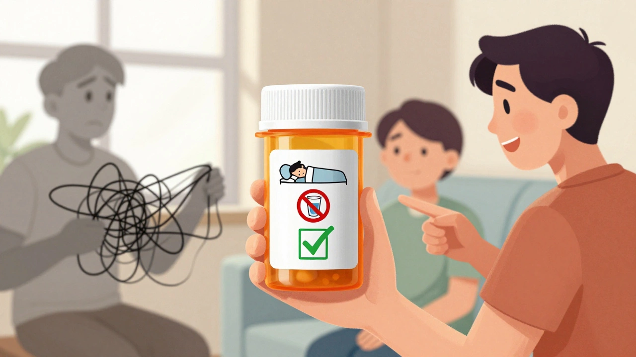 Patient at home understanding medication with illustrated bilingual label and family support.