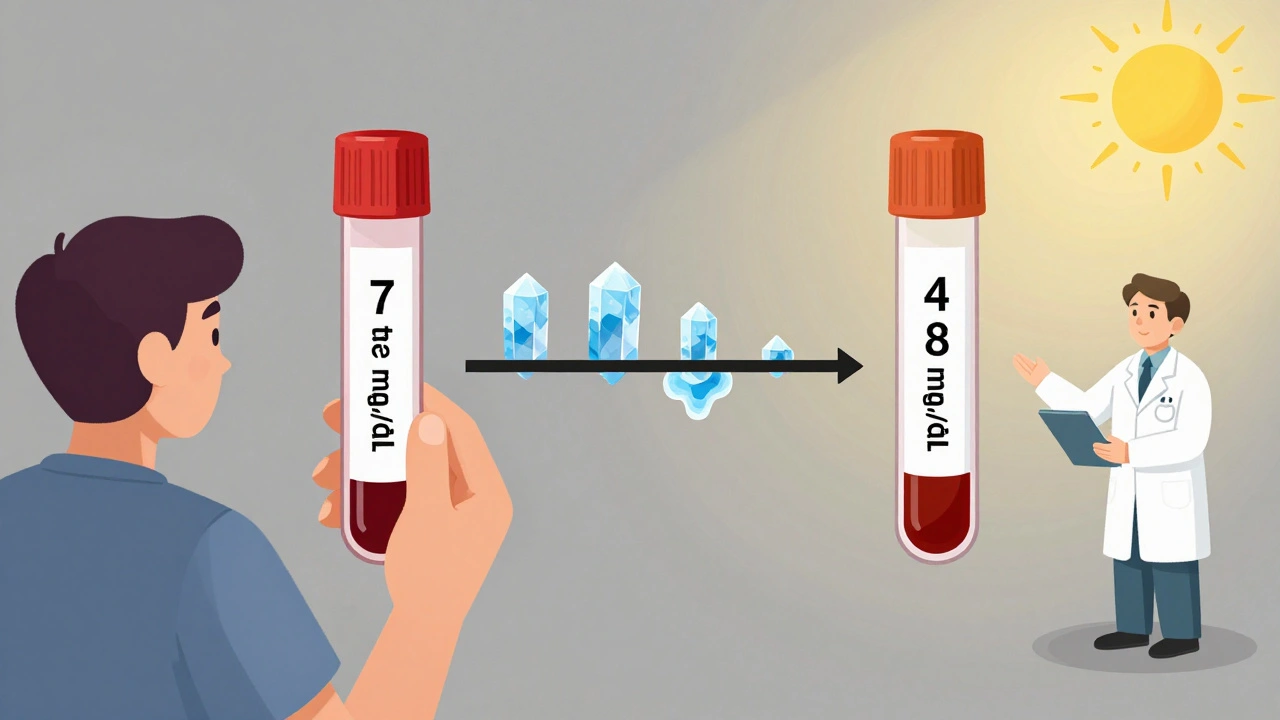 Patient holding two blood vials showing urate levels dropping from 7 to 4.8 mg/dL, with shrinking tophi crystals.