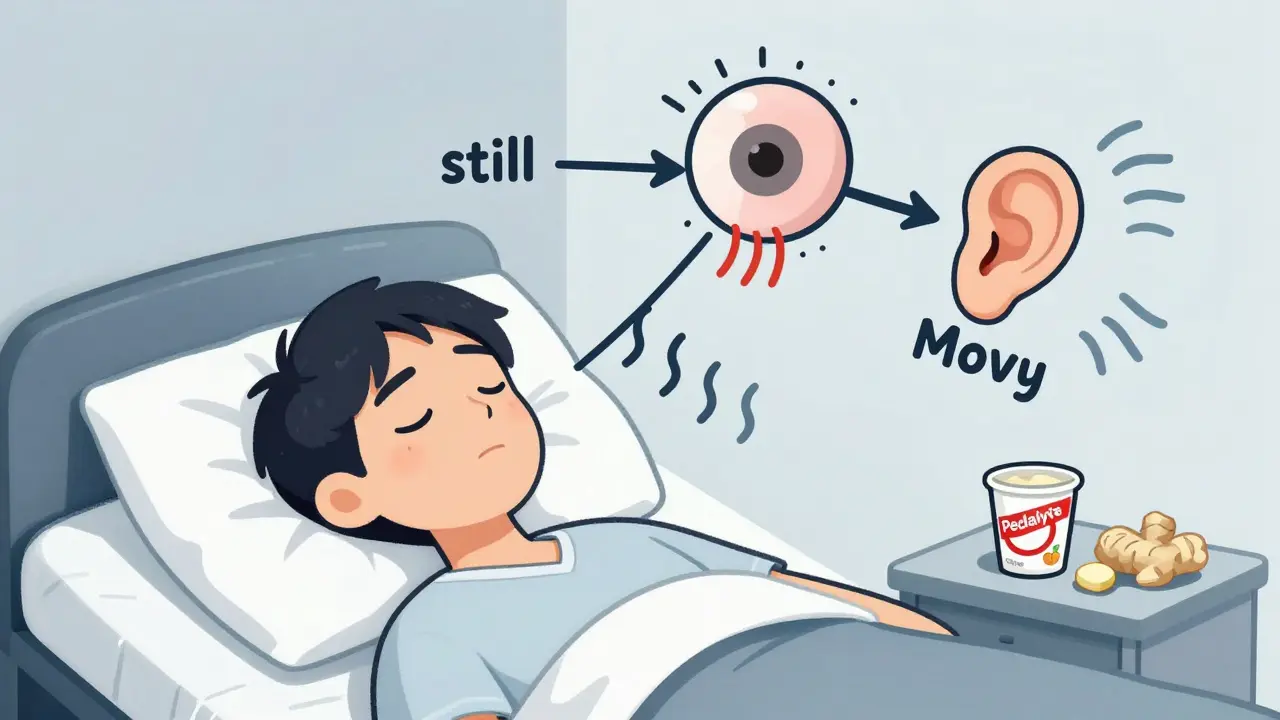 Patient in bed with conflicting signals from eyes and inner ear causing nausea.