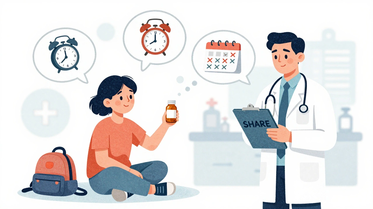 Patient surrounded by life disruptions caused by drug side effects, with doctor offering support.