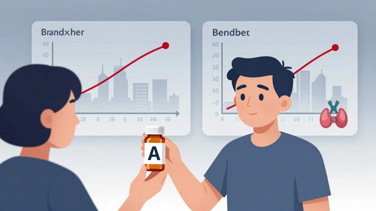 Patient with generic pill and matching blood level graphs above city skyline