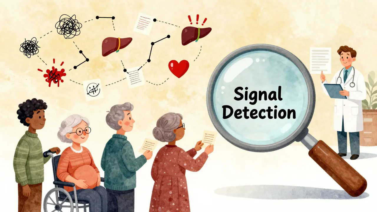Patients submitting reports to a magnifying glass that uses AI to detect safety signals amid noise.