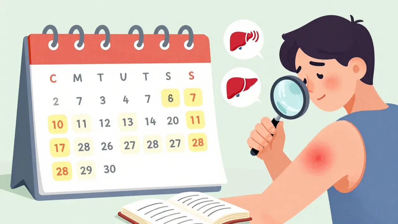 Person checking skin for rash while calendar marks days 1 to 7 with symptom icons nearby.