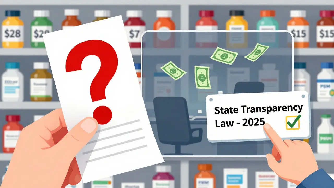 Person holding a receipt with a question mark, surrounded by differently priced pill bottles and a transparency law sign.