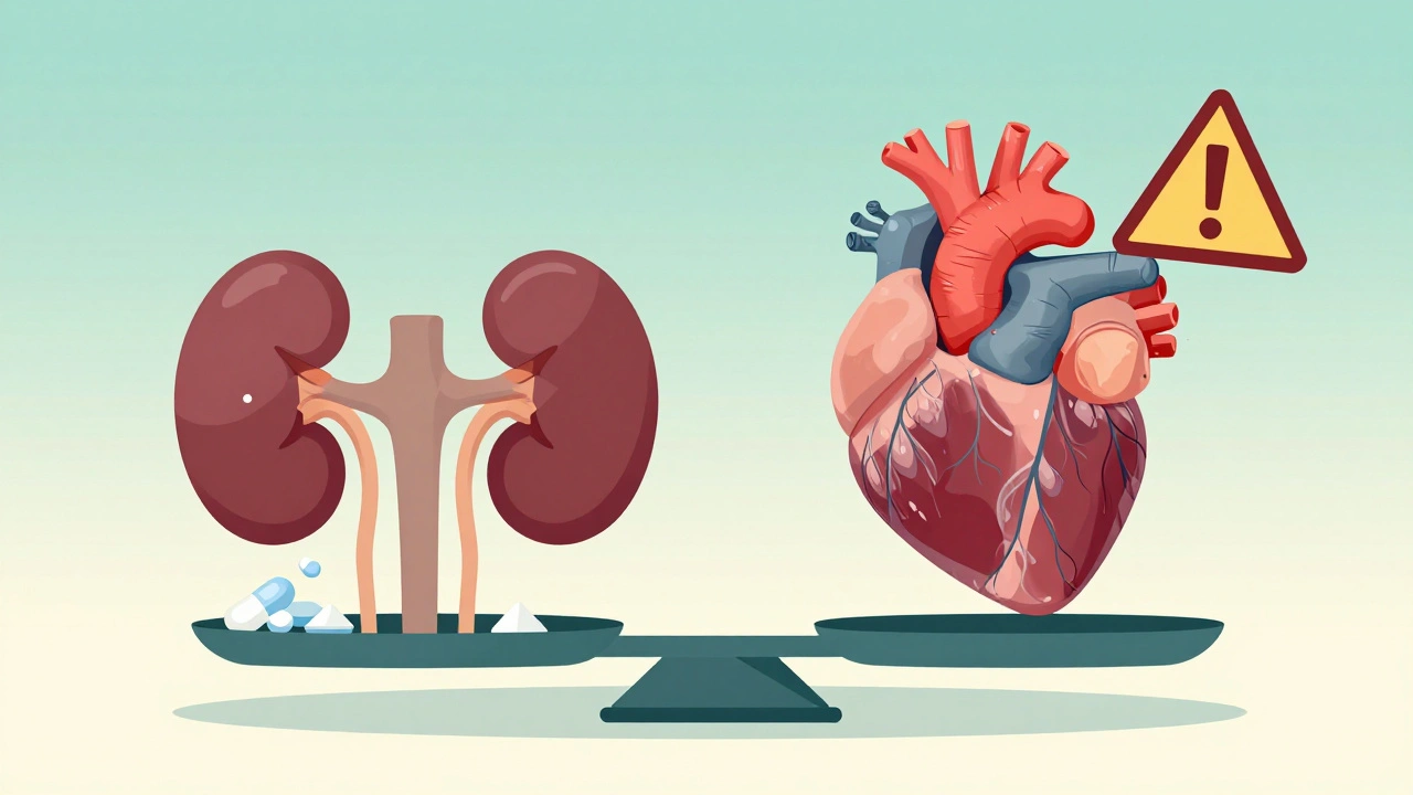 Scale balancing kidneys and heart, comparing allopurinol and febuxostat with crystal shards and warning symbols.
