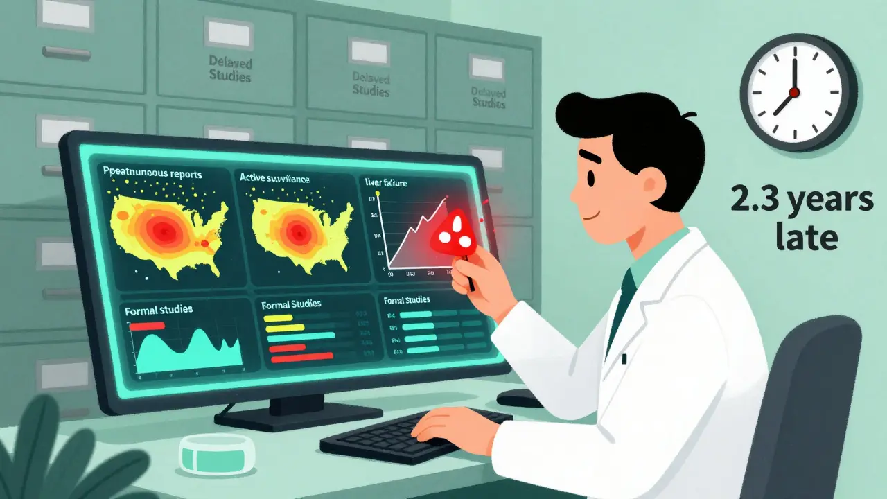 Scientist monitoring drug safety data dashboards with delayed study warnings and real-time alerts.