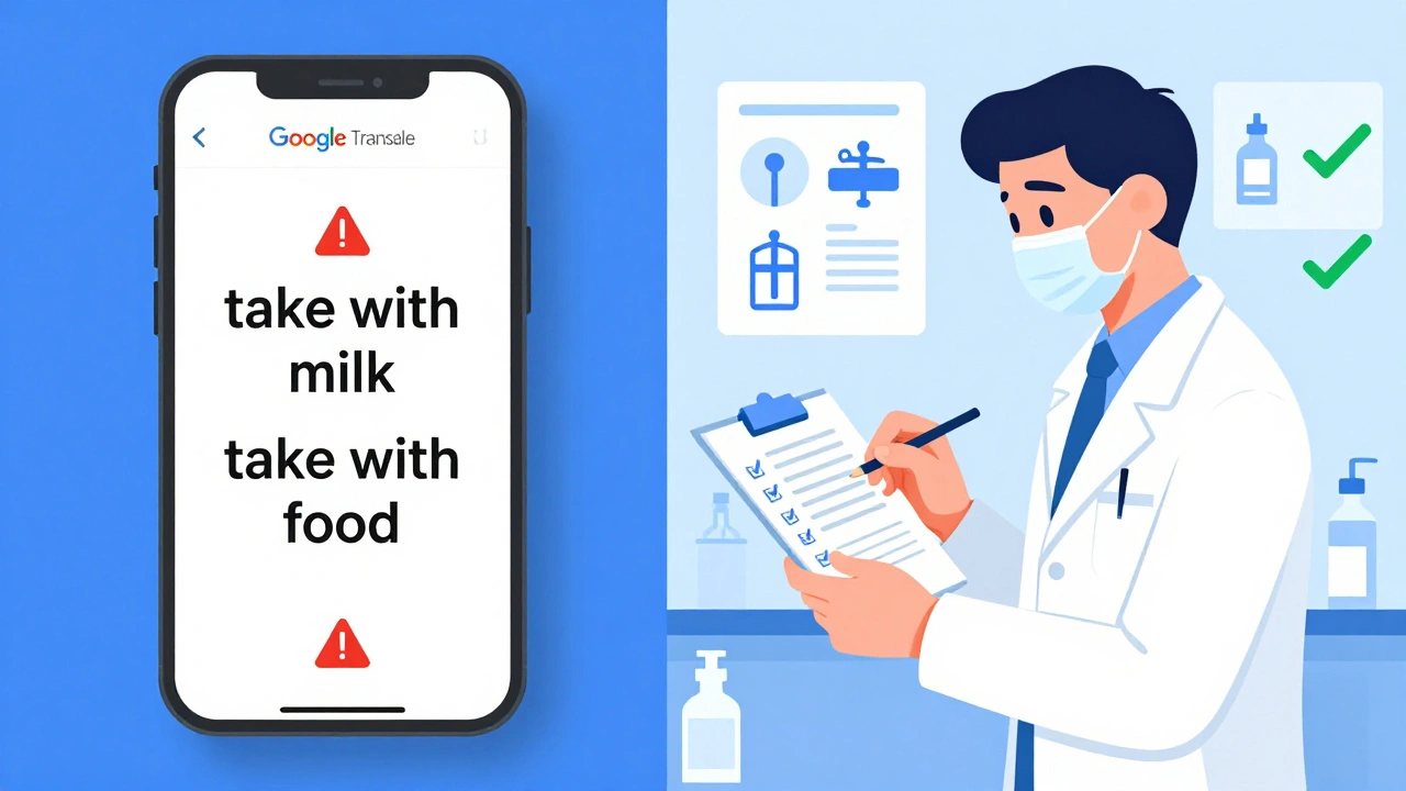Side-by-side comparison: dangerous AI translation vs. professional medical label with pictograms.