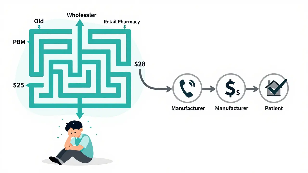 Side-by-side comparison of complex old drug pricing system vs. simple direct-to-consumer model with cost savings.