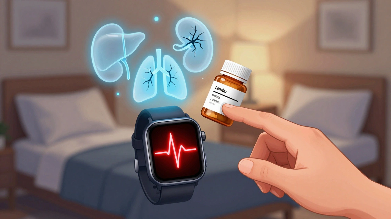 Smartwatch alerting irregular heartbeat while hand reaches for a high-risk medication bottle.
