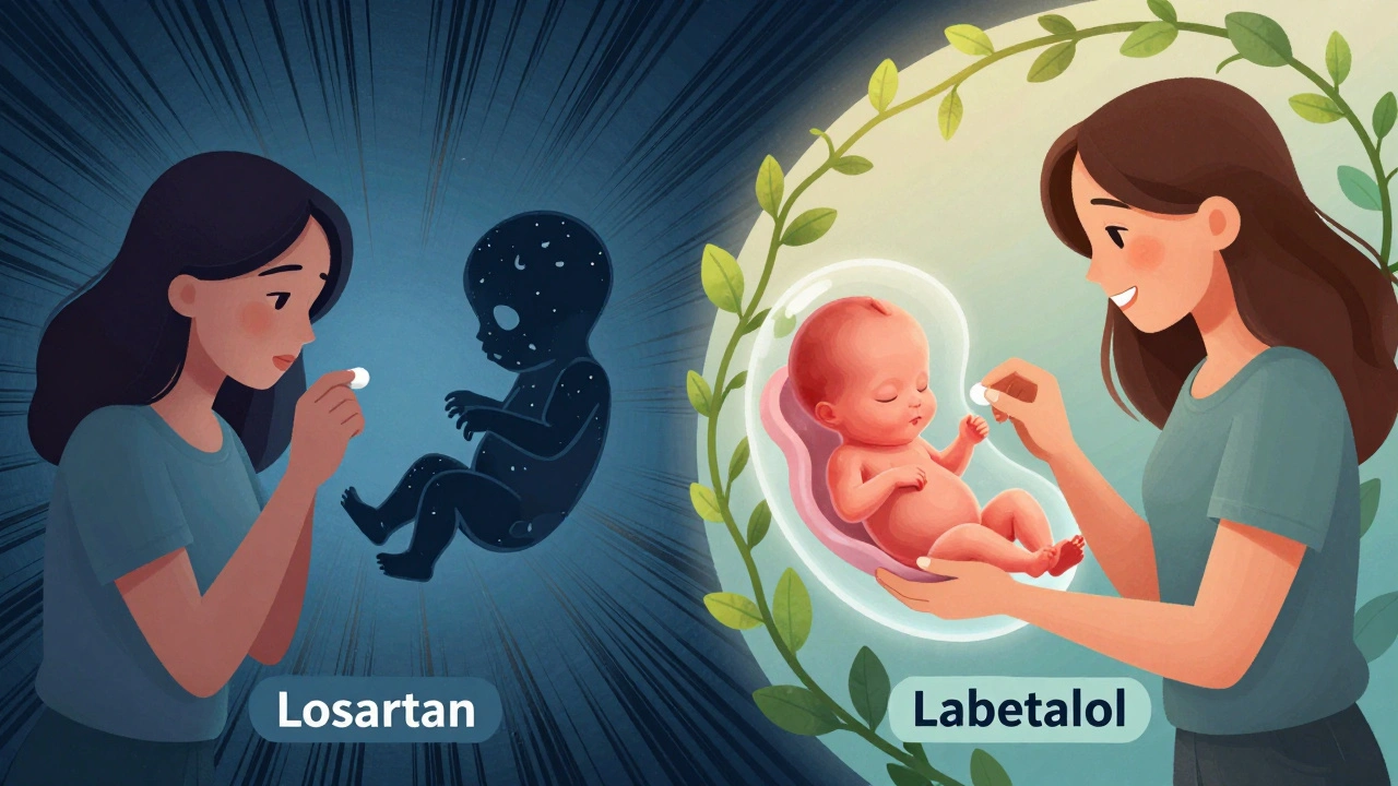 Split illustration: risky ARB use vs. safe labetalol use during pregnancy with contrasting visuals.