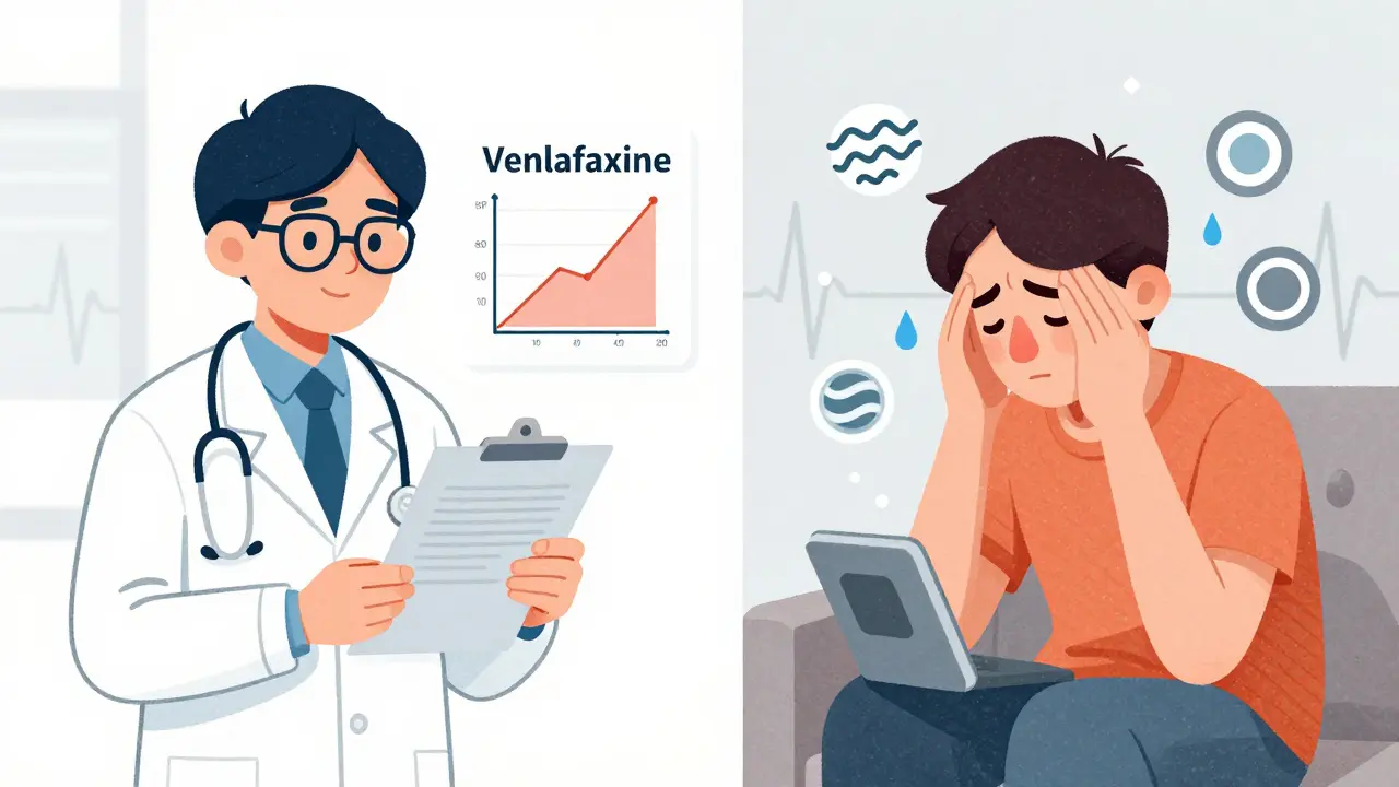Split illustration showing a doctor monitoring blood pressure trends and a patient experiencing symptoms at home.
