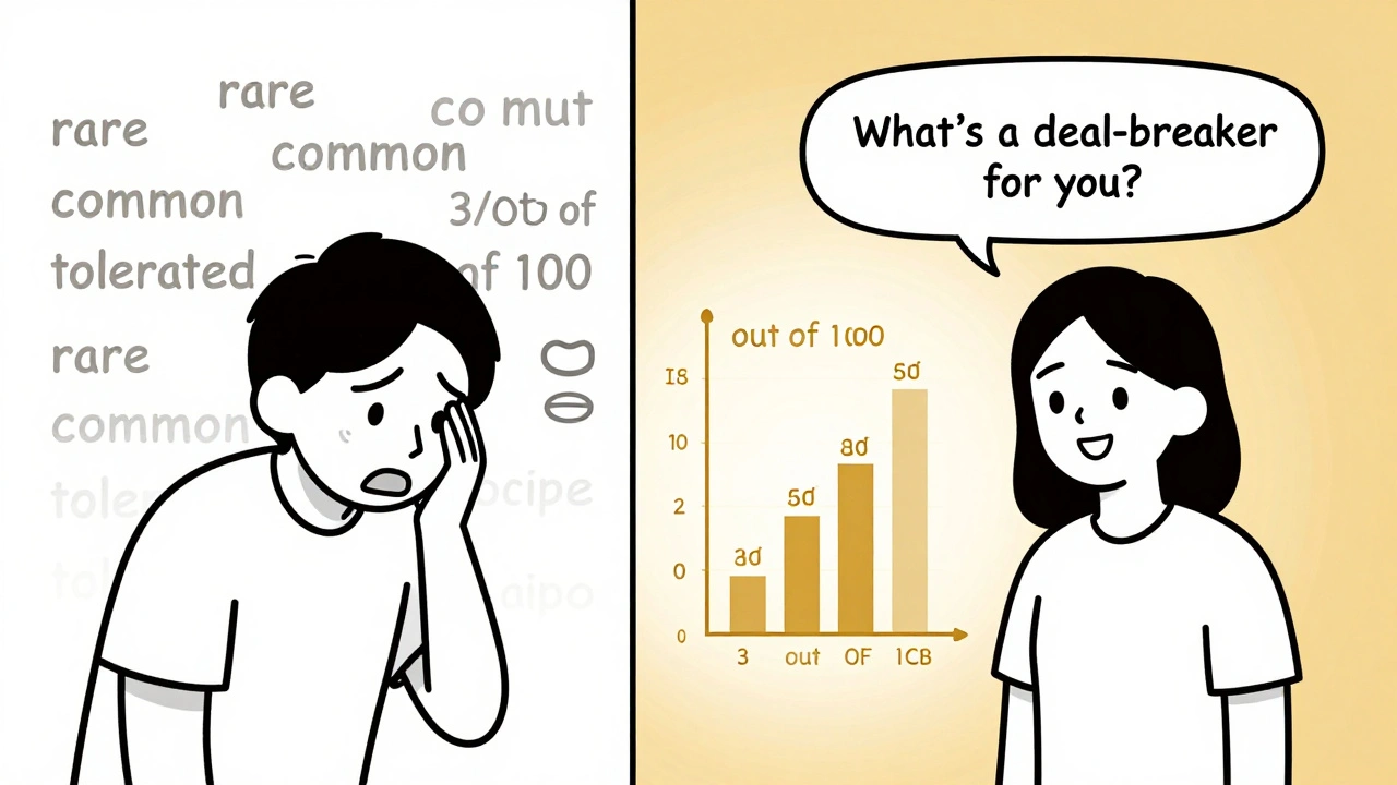 Split scene: confusion from vague medical terms transformed into clear absolute risk numbers.
