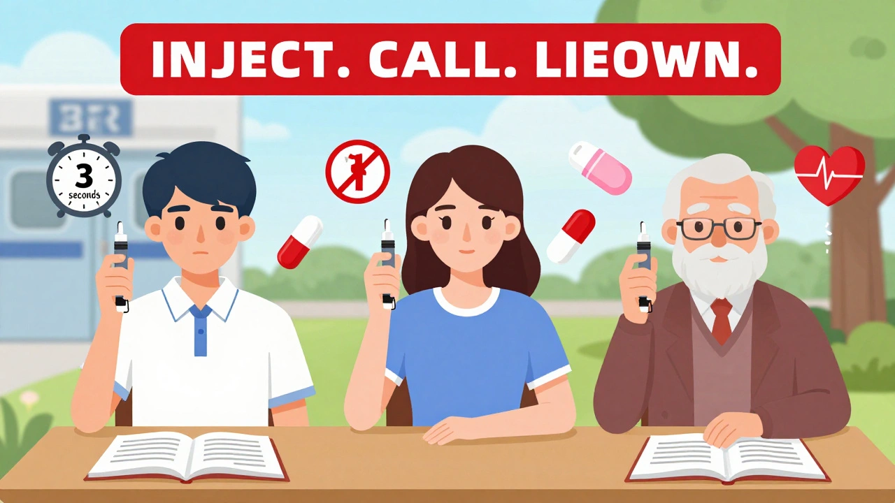 Three individuals holding epinephrine injectors with emergency action icons around them.