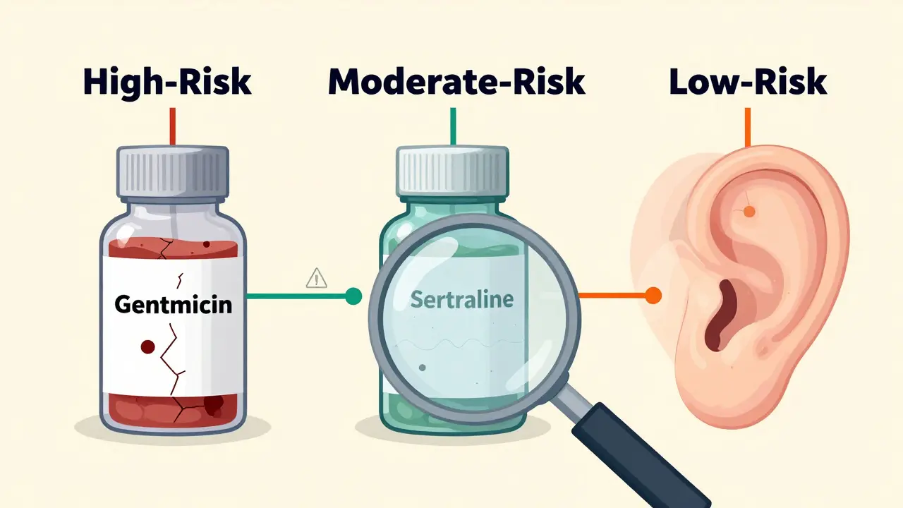 Three medication bottles connected to inner ear diagrams showing different levels of ototoxic risk.