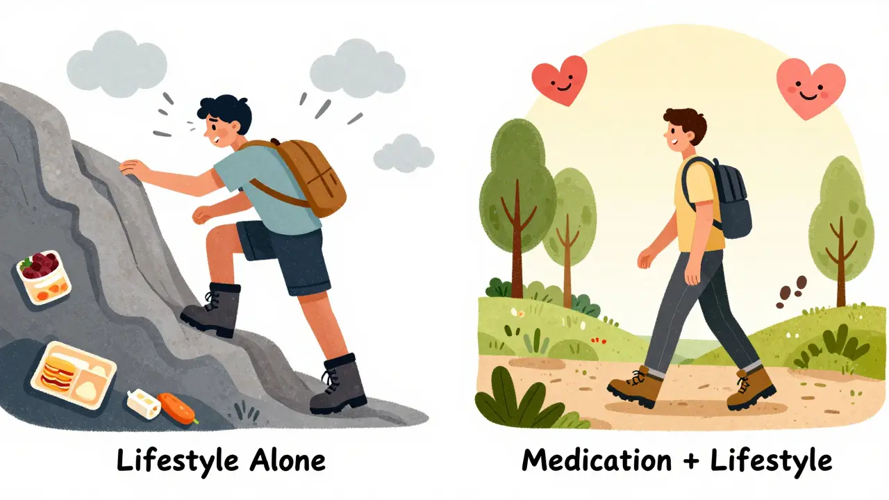 Two paths to heart health: one hard climb without medicine, one easy walk with medicine and lifestyle.