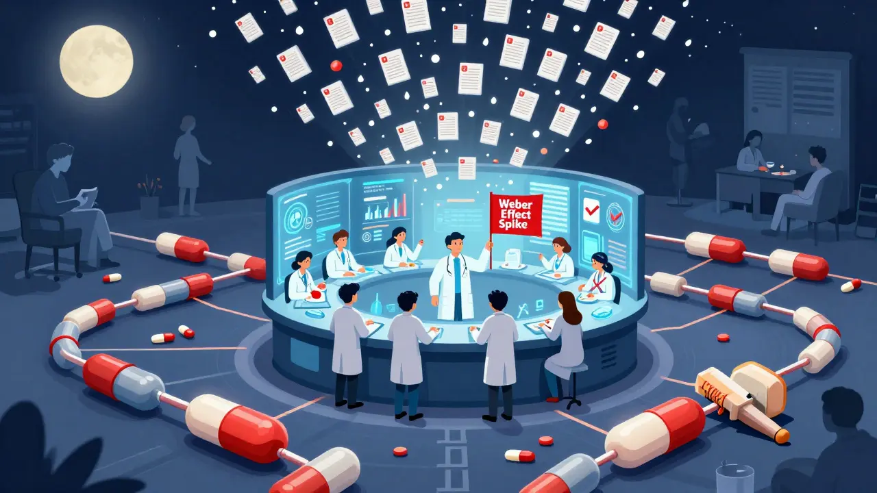 A data pipeline of pill-shaped icons flows into an FDA control room where scientists analyze safety signals.