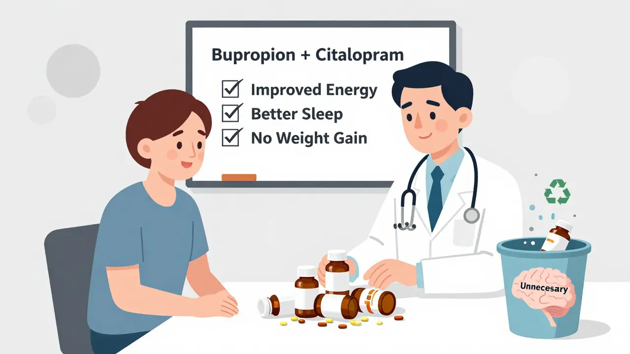 A doctor and patient together removing unnecessary pills, with a simple effective regimen shown on a whiteboard.
