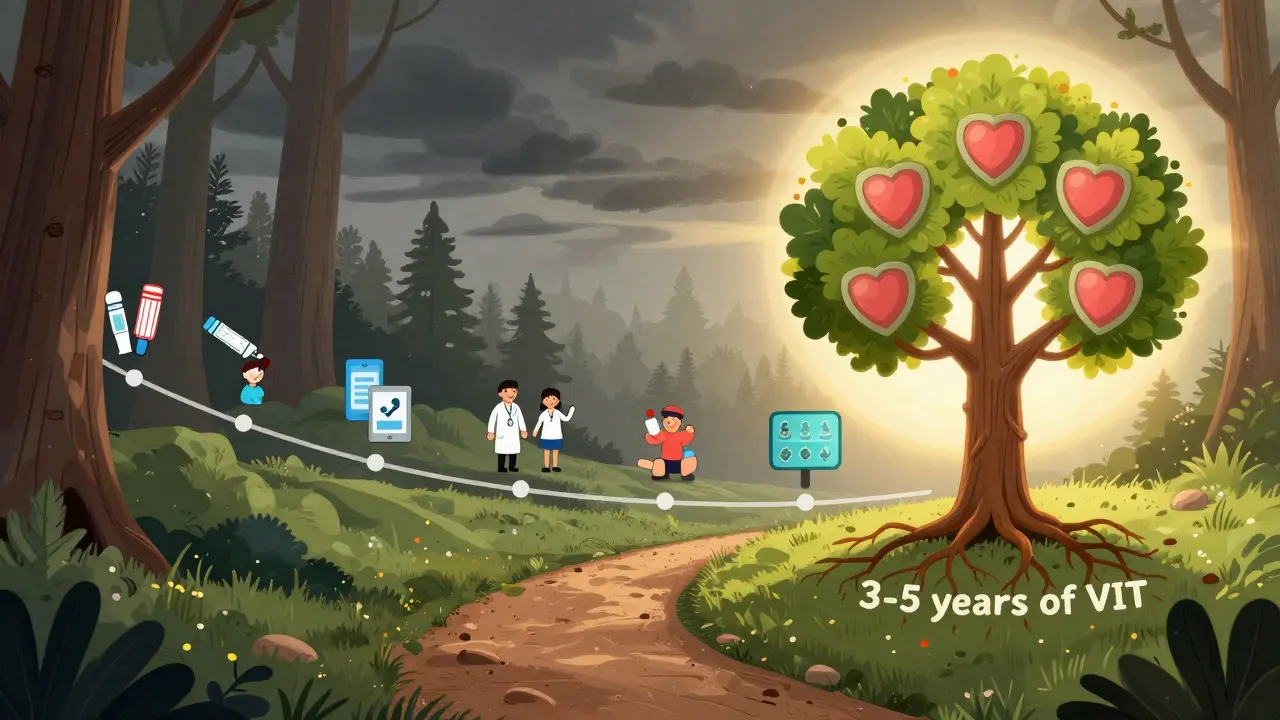 A forest timeline shows journey from fear to freedom through venom immunotherapy, ending in a shielded heart tree.