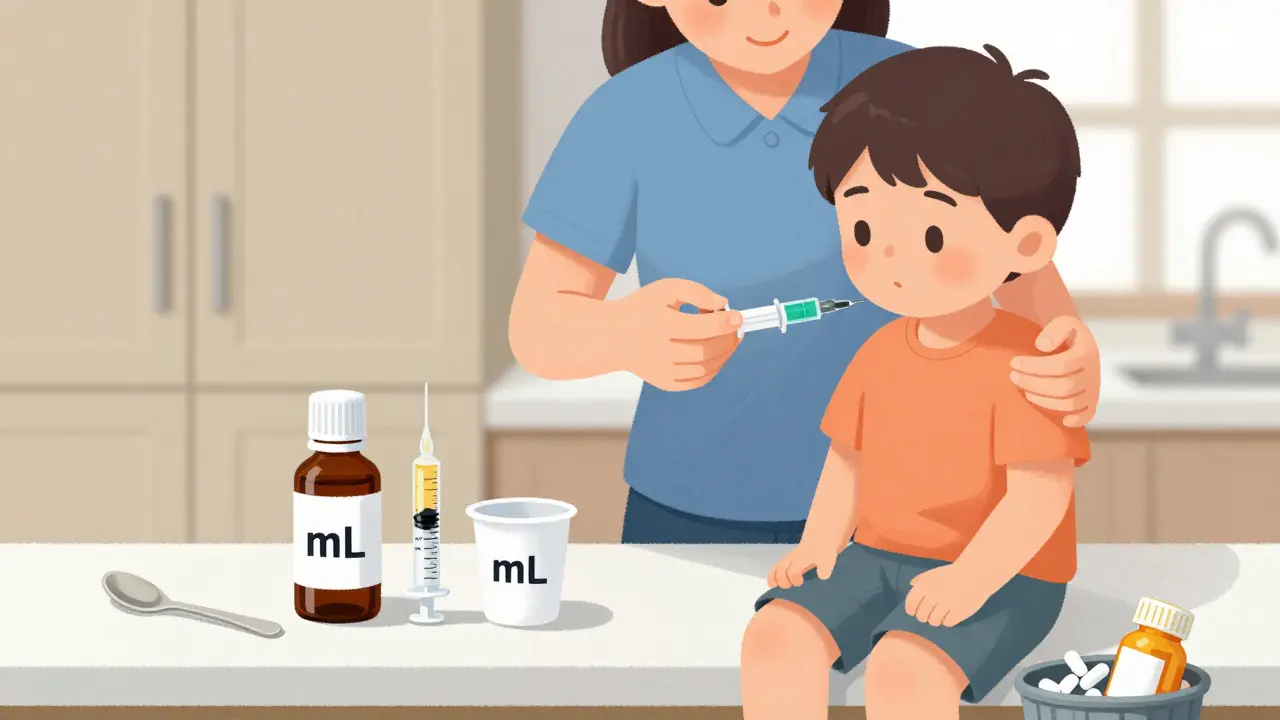 A parent accurately using a dosing syringe to give medicine to a child, with safe storage visible.