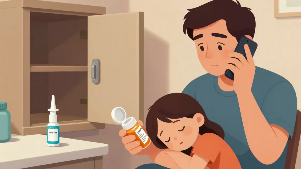 A parent calling Poison Control while holding a child who ingested medicine, with naloxone nearby.