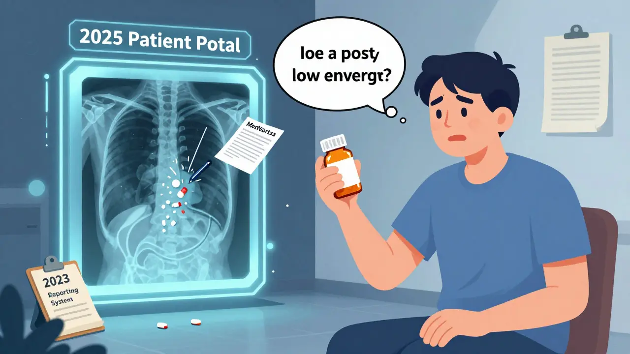 A patient holds a pill as an X-ray shows it crumbling inside them, with a MedWatch form floating nearby.