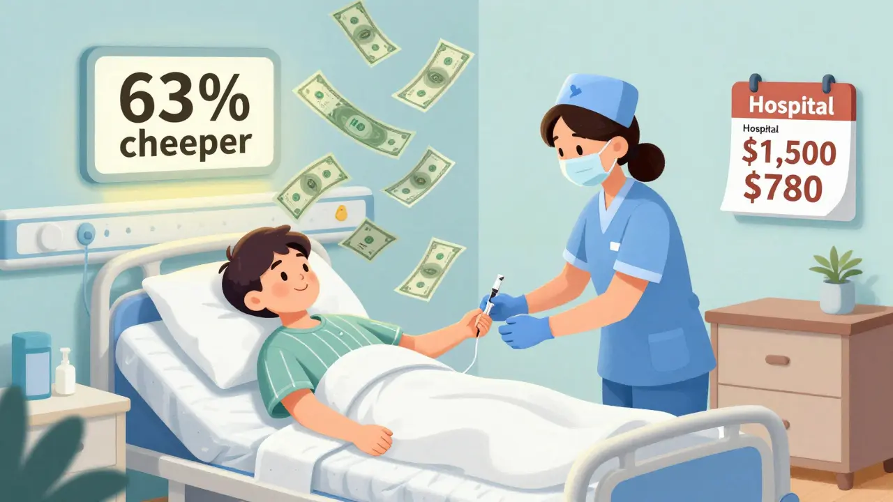 A patient receiving an injection at home instead of in a hospital, with cost savings visualized as falling dollars.