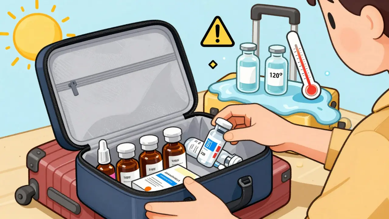 A person packing UV-protected meds in a travel bag while clear bottles melt under a hot sun in the background.