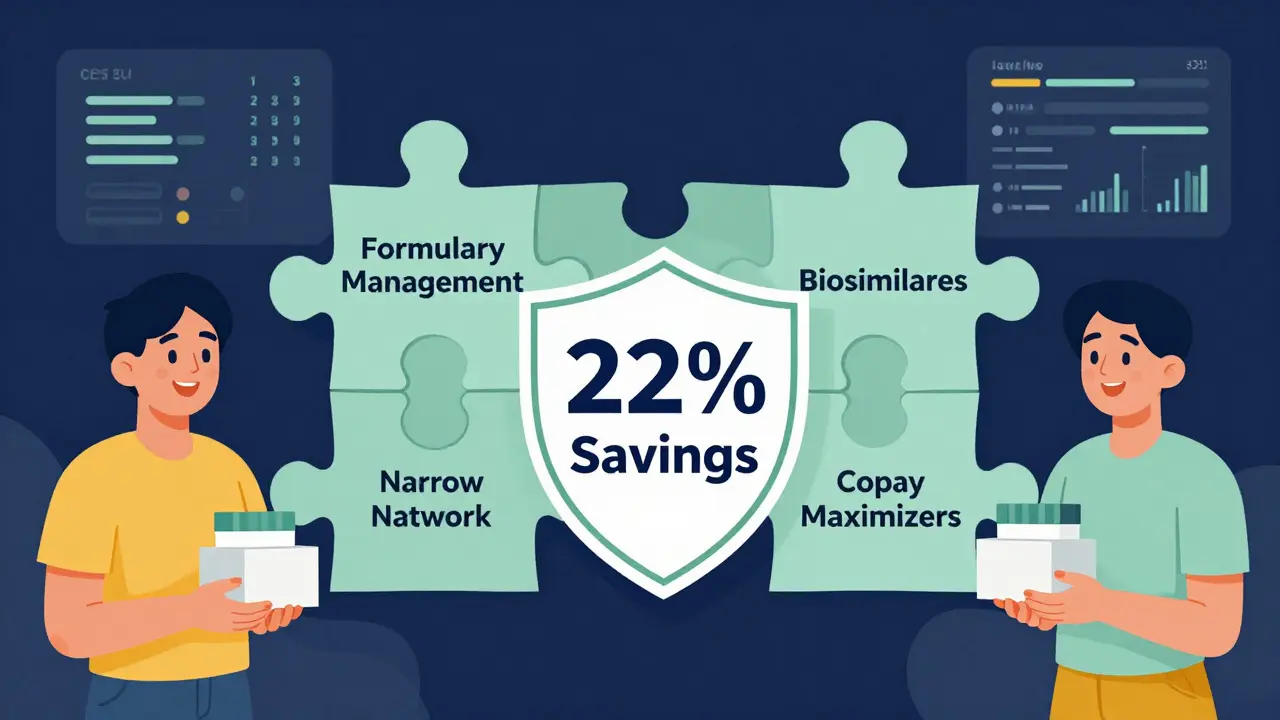 A puzzle forming a savings shield with key cost-reduction strategies, patients smiling with medication boxes.