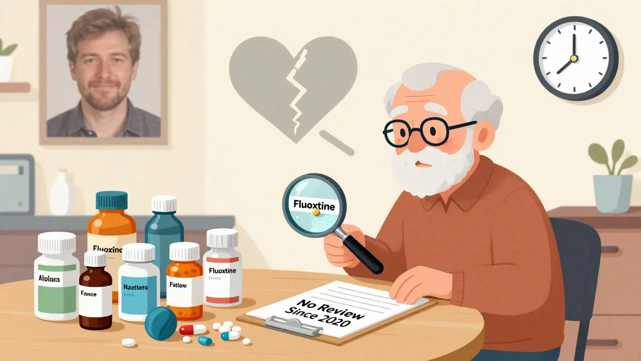An elderly person surrounded by countless pill bottles, with a magnifying glass revealing a cracked heart shadow.