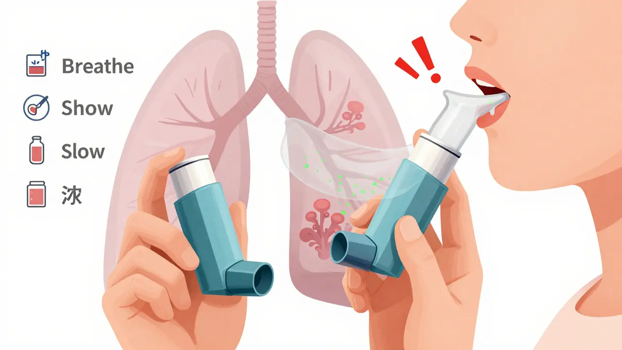 Close-up of inhaler with spacer showing medicine reaching lungs, versus medicine stuck in mouth with warning symbols.