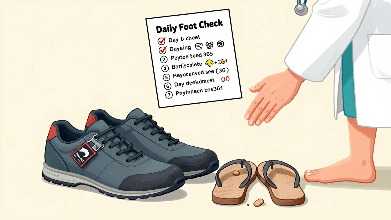 Diabetic shoes beside flip-flops, with daily foot check checklist and podiatrist’s hand, faint amputation shadow in corner.