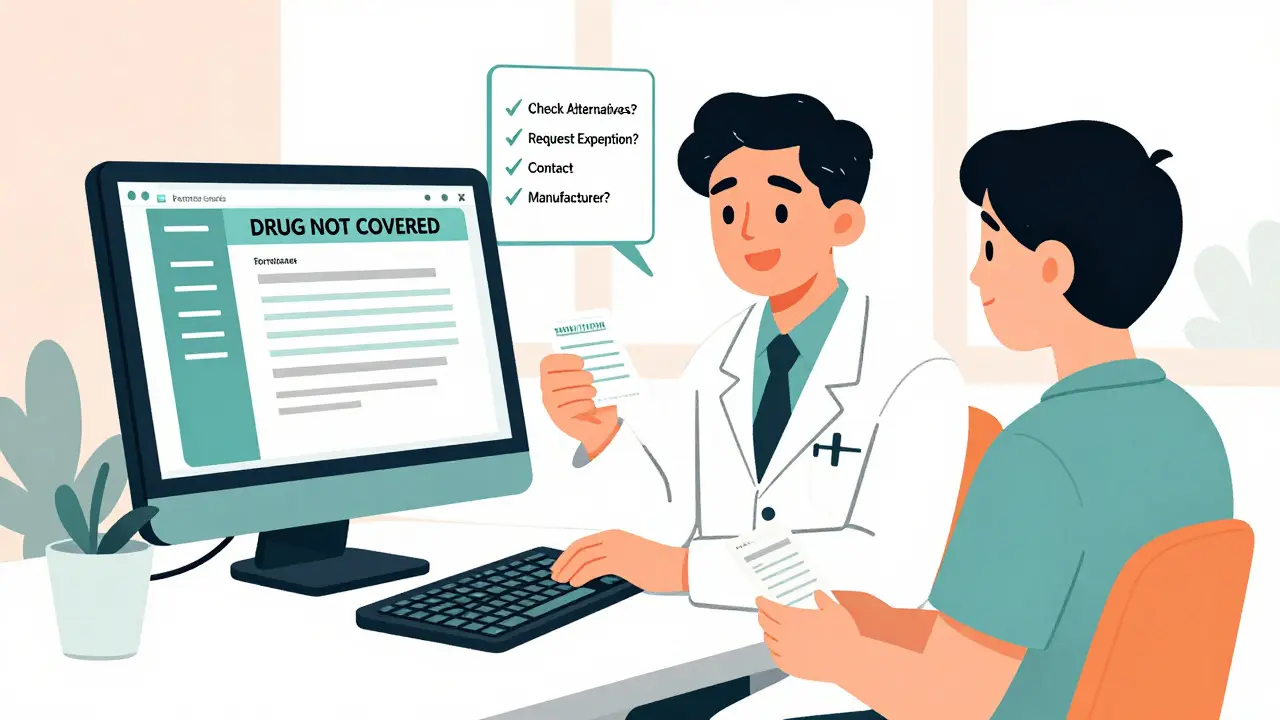 Doctor and patient reviewing real-time formulary alert on a computer screen with action checklist.