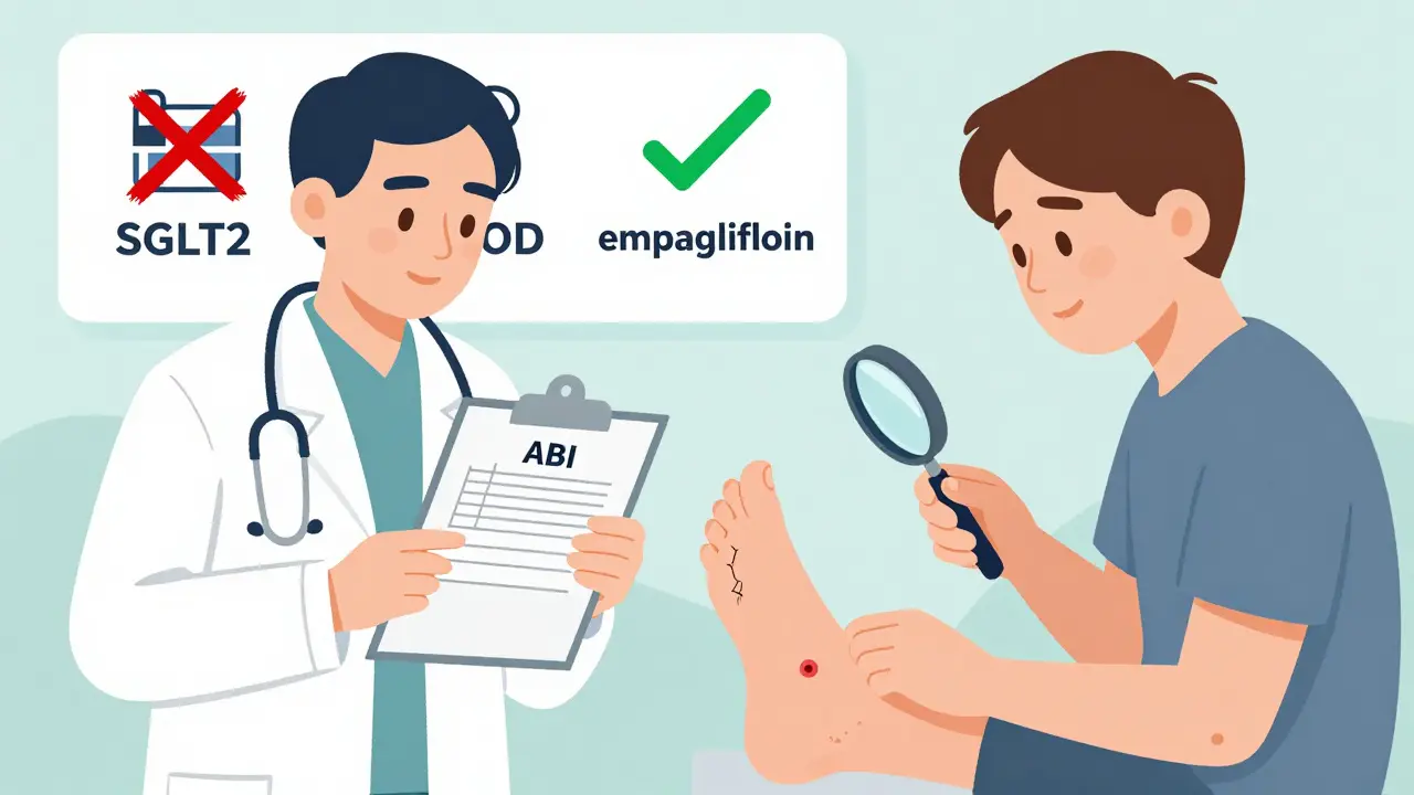 Doctor checking ABI test while patient inspects a foot sore, with SGLT2 drugs shown as icons—canagliflozin crossed out.