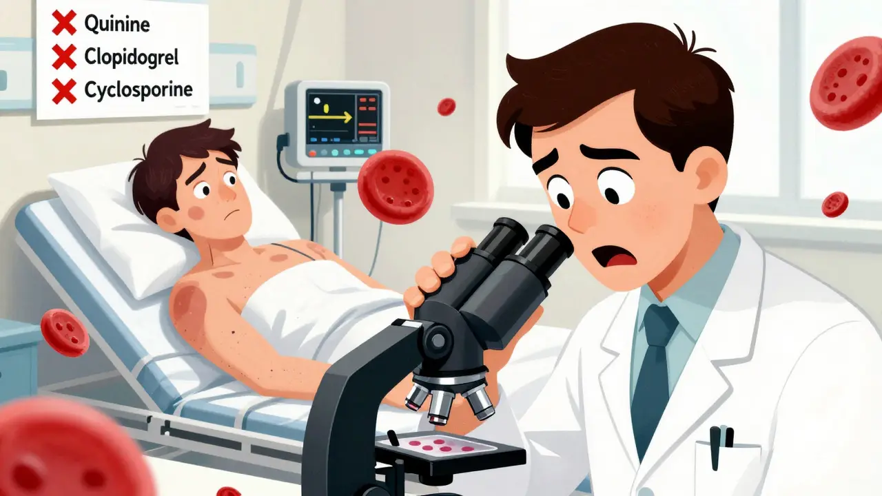 Doctor examining blood smear with fragmented cells, patient showing symptoms, dangerous drugs listed on wall.