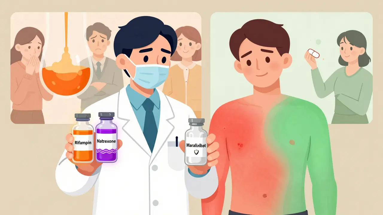 Doctor holding three treatment vials as patient's itch zones shift from red to green, side-by-side side effects vs relief