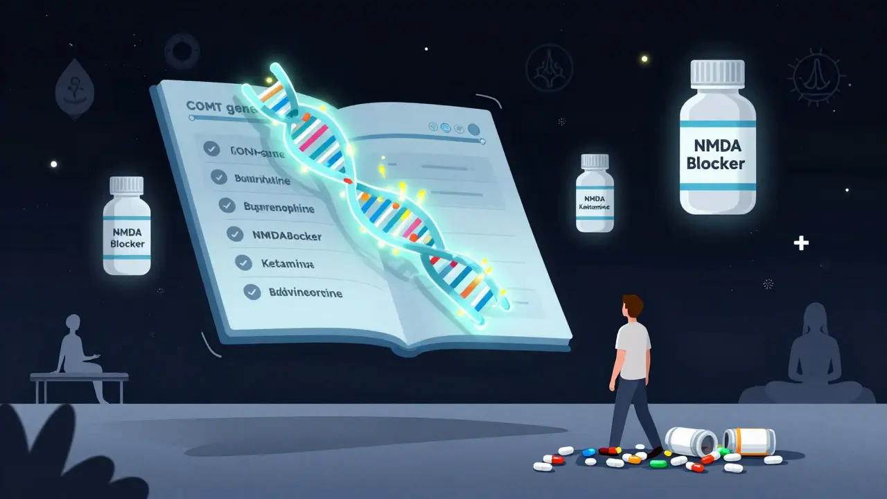 Futuristic medical chart showing genes and new OIH treatments, patient walking away from opioid bottles.