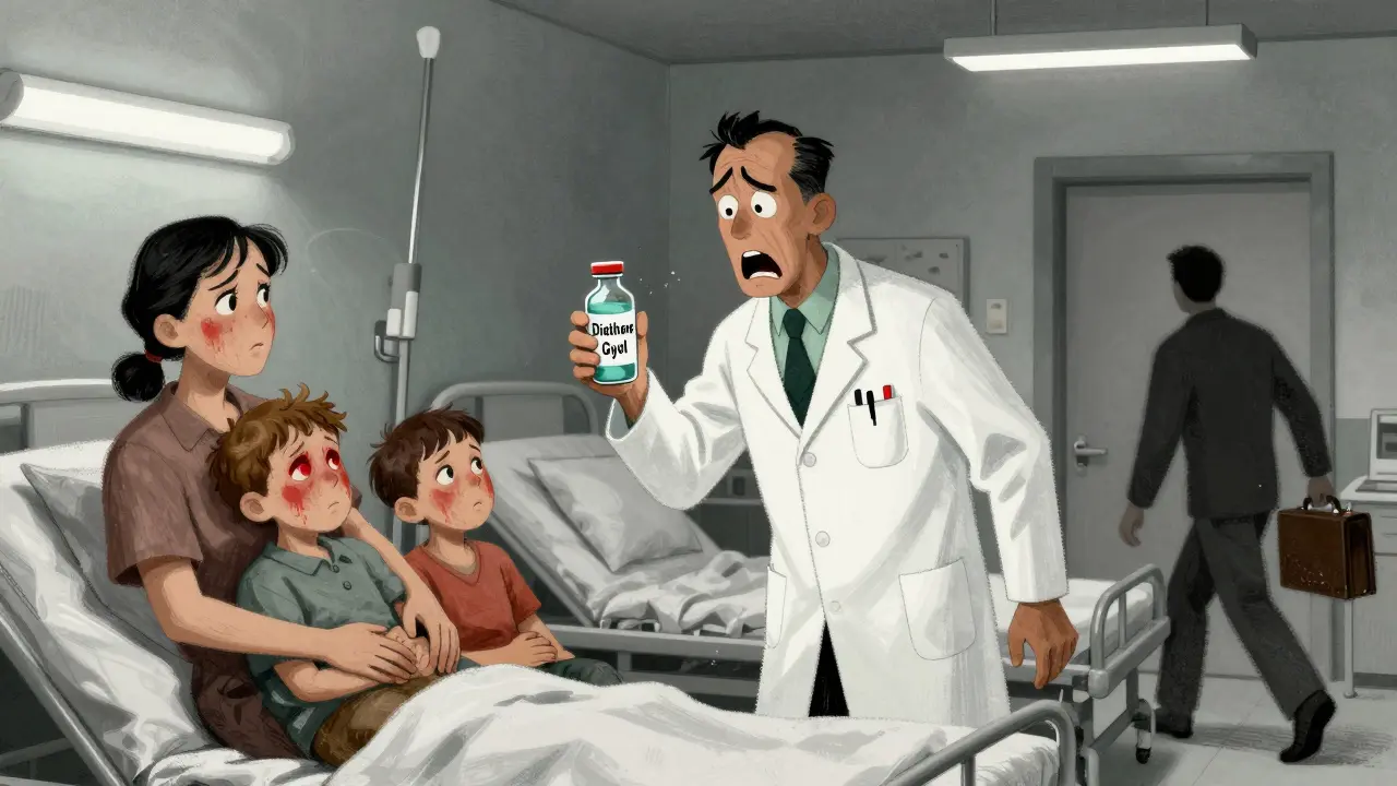 Hospital scene in 1937 with grieving parents and a doctor horrified by a toxic medicine labeled diethylene glycol.