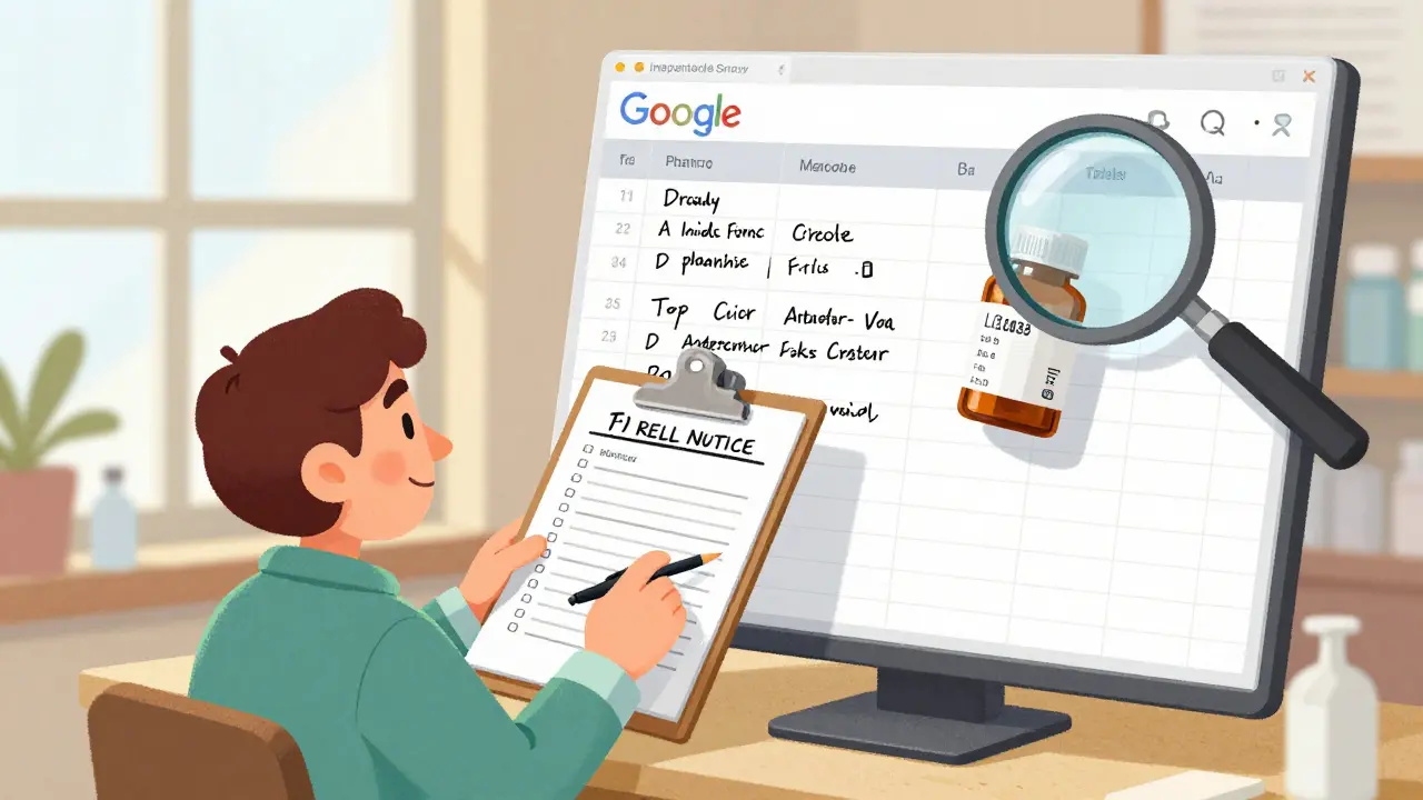 Independent pharmacist manually verifying recall against printed drug list and Google Sheet.