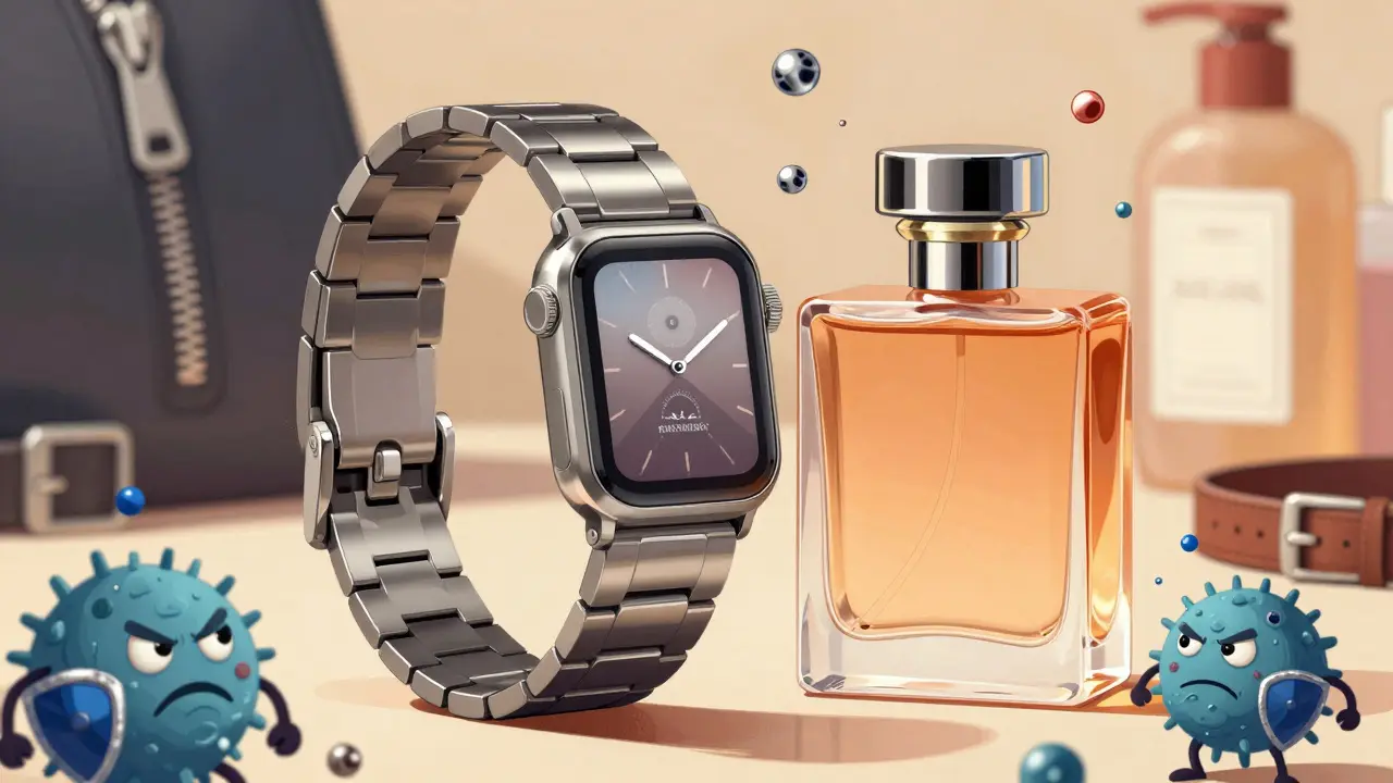 Magnified view of nickel and fragrance molecules triggering immune cells, with everyday items in background.