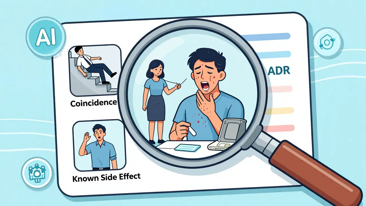 Magnifying glass over medical chart revealing three scenarios: fall, rash, and drowsiness, with AI data streams around it.