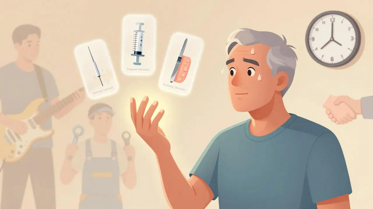 Man stretching fingers in therapy, with treatment options floating above, symbolizing recovery journey.