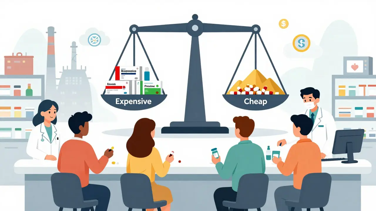 Modern pharmacy counter with patients receiving generic pills, a scale showing cheap generics outweighing expensive brand-name drugs.