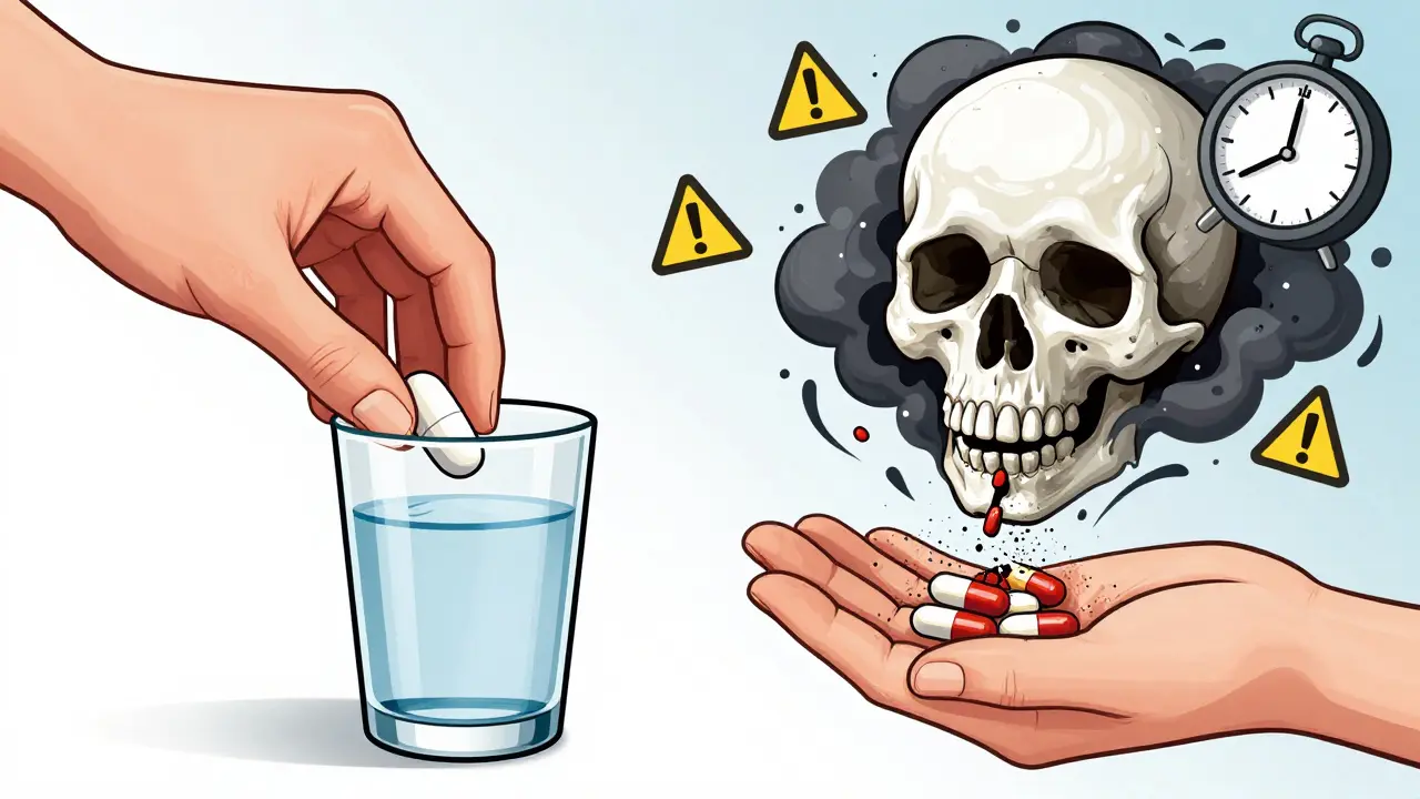 One hand places a pill in water while another crushes it into a toxic cloud shaped like a skull.