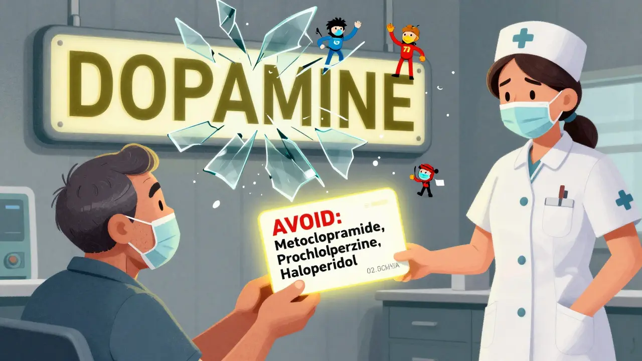 Parkinson’s patient hands a warning wallet card to a nurse, while dangerous drugs shatter into pieces behind them.