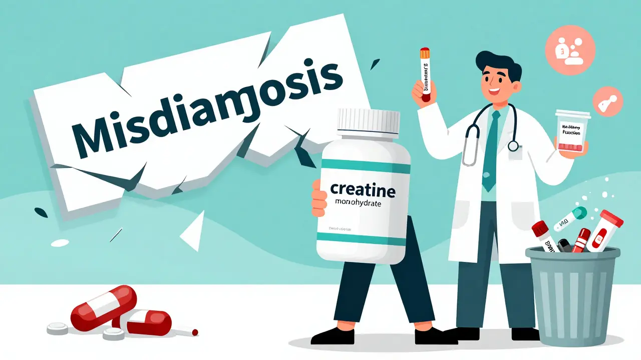 Person holding creatine bottle, nephrologist showing accurate kidney test, false diagnosis sign breaking apart.