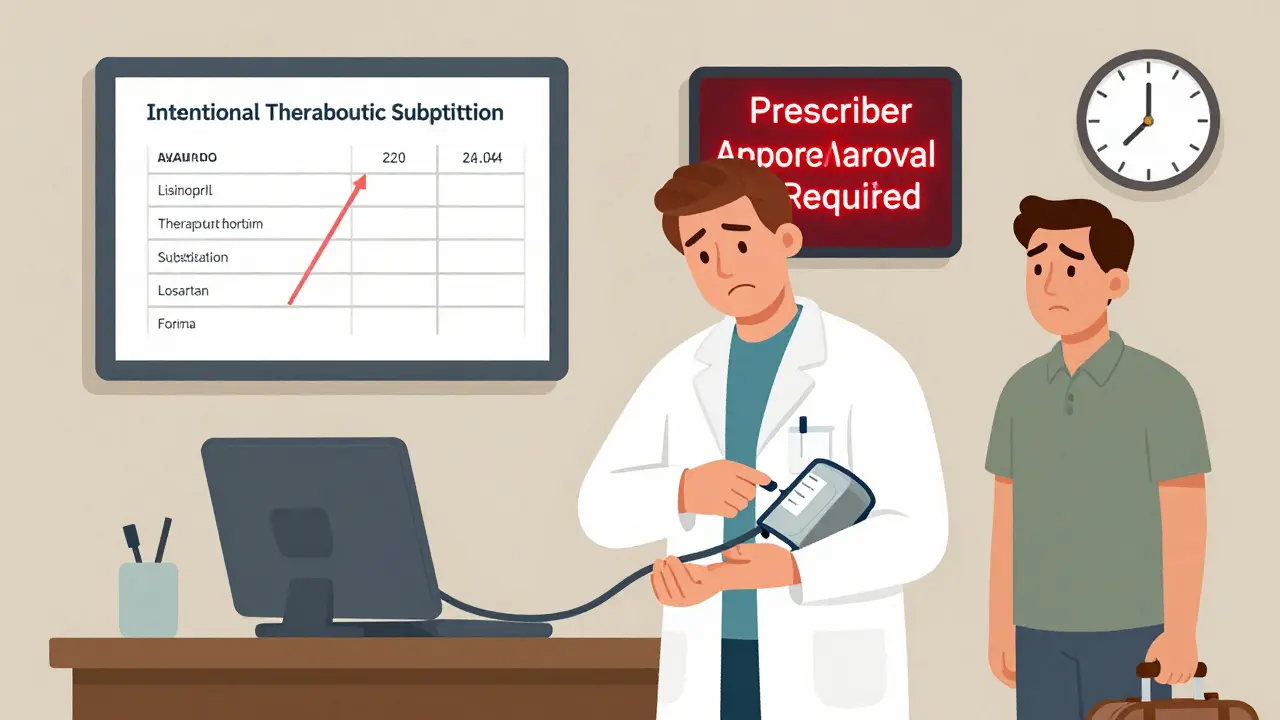 Pharmacist changing blood pressure medication label in Colorado, with state law comparison on wall and patient with suitcase.