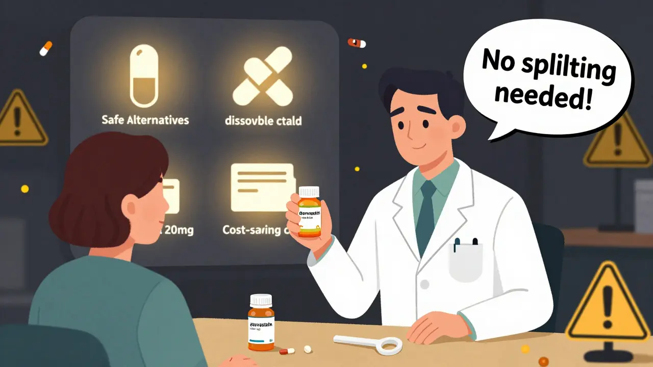Pharmacist gives patient generic pills and a free splitter with safe alternatives displayed.