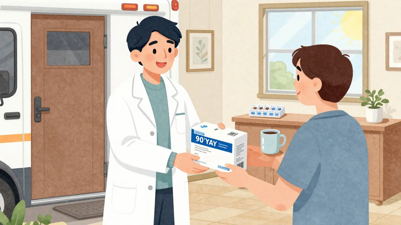 Pharmacist handing a large medication package to a patient at their front door with a delivery truck.