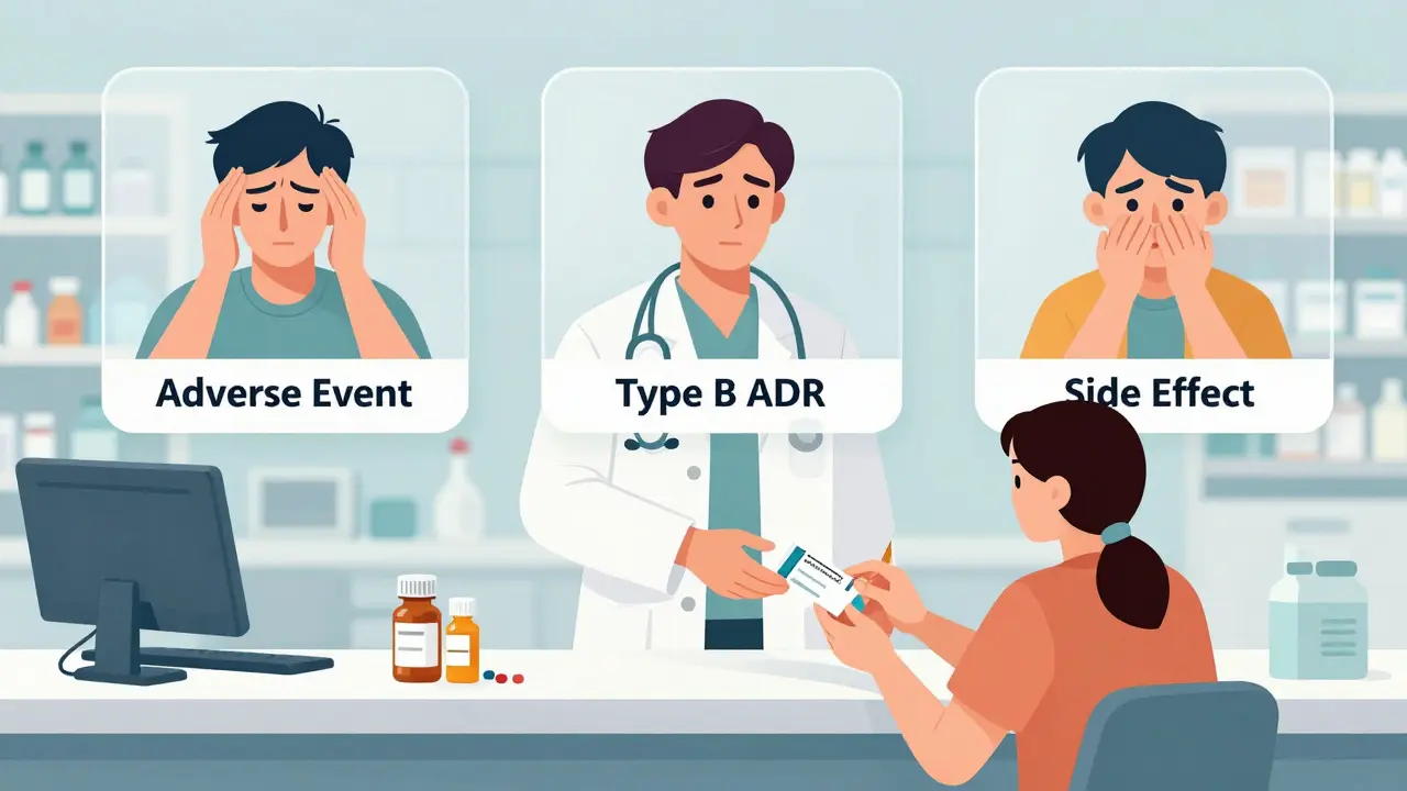 Pharmacist handing prescription while floating panels show different drug reactions: headache, hives, and drowsiness.